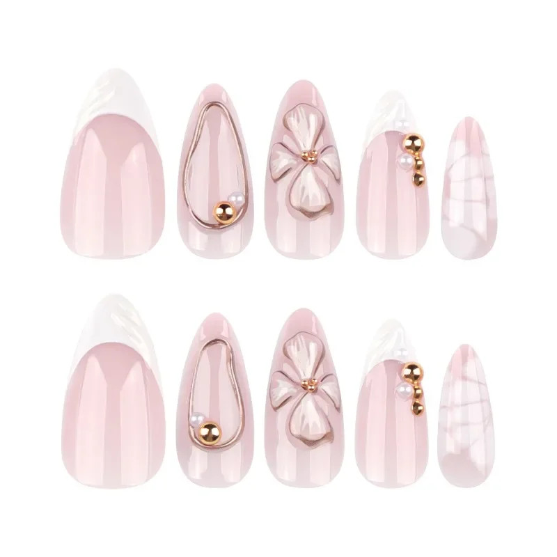 24pcs 3D Floral Press on Nails: French Almond Bow Pearl Fake Nails