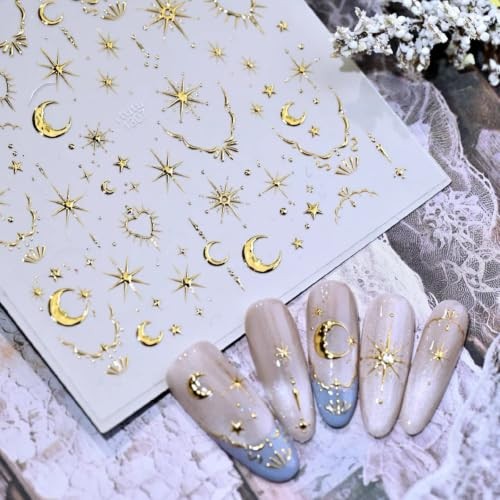 Gold Moon Star Nail Stickers 5D Embossed Celestial Nail Star Nail Decals