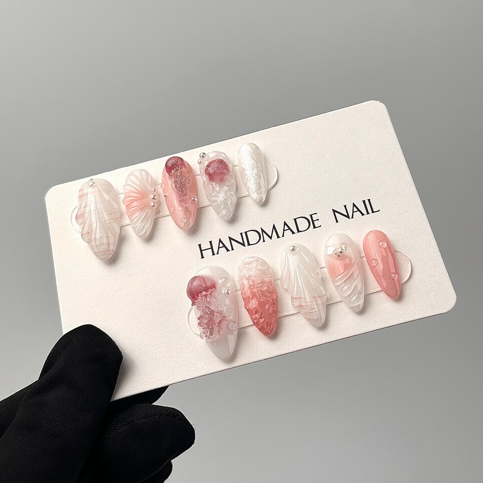 Seashell Jellyfish Mermaid Press On Nails Pink 3D Pearl Handmade Textured Nails