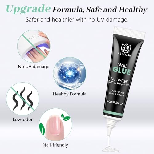 LEYKOSH Nail Glue for Press Ons, 10s Fast-Drying No UV Light Needed, Super