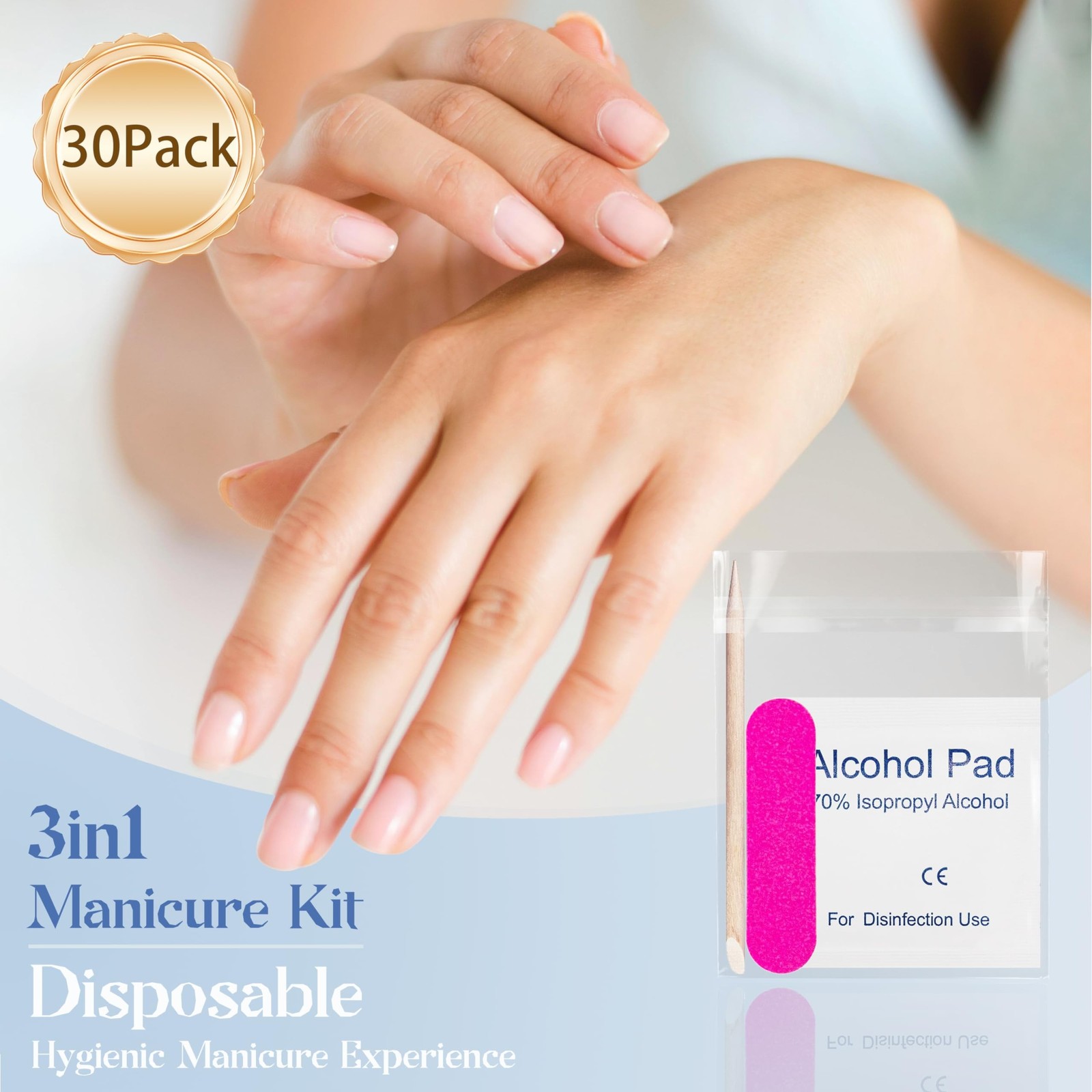 30 Pack Disposable Manicure Kit Individually Packed 3-Piece Mini Press on Nai…