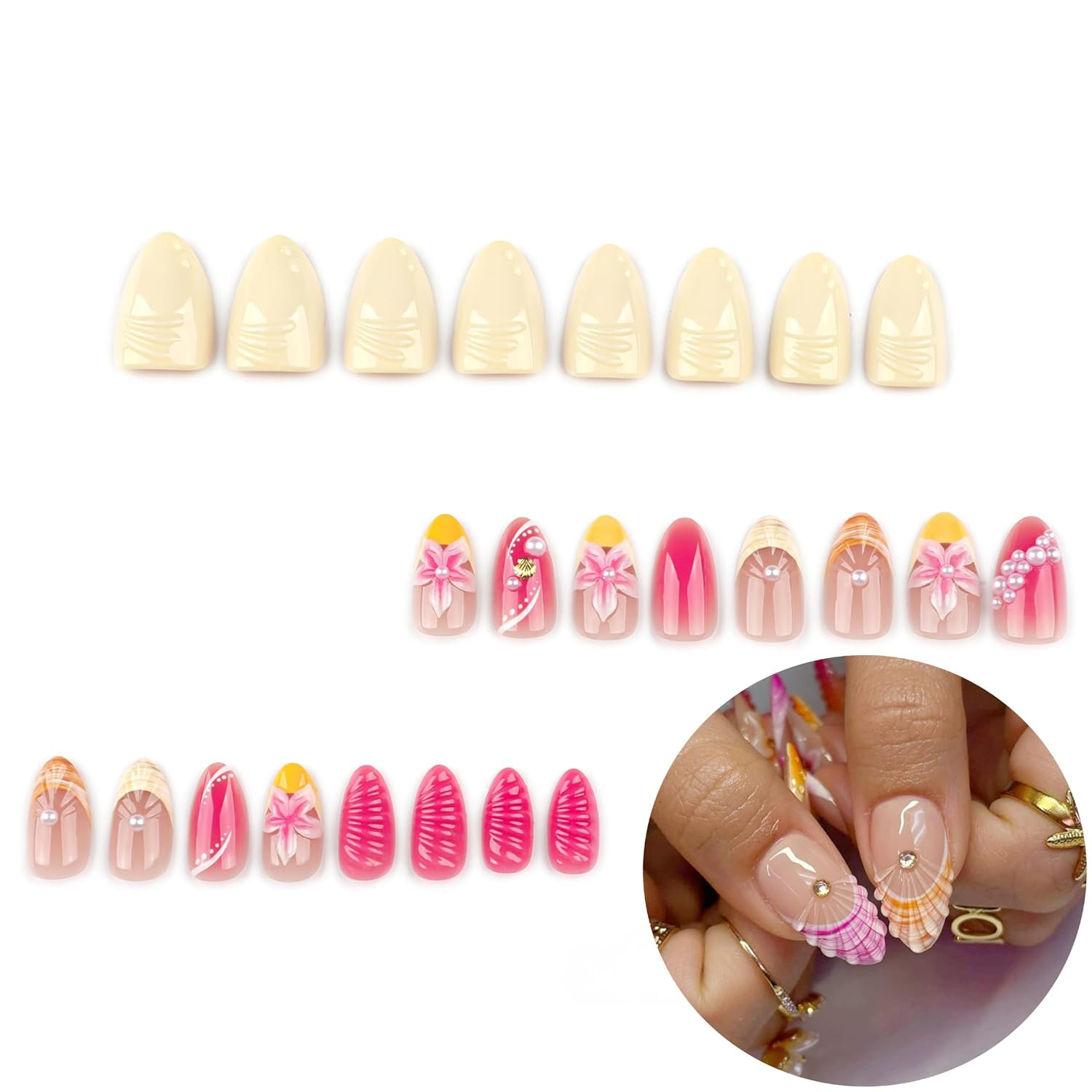3D Summer Ocean Flower Press on Nails Short Almond Fake Nails 3D Beach Floral Sh