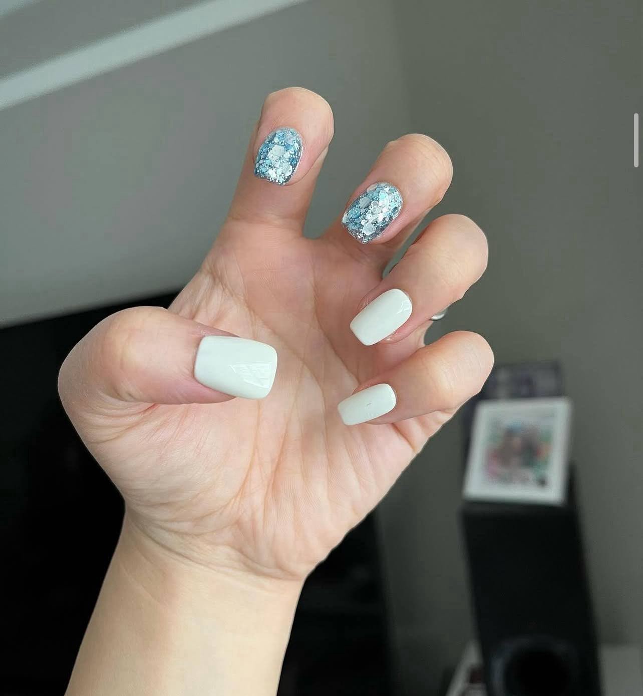 Press-On Nails Long Square Blue Silver Shiny Glitter Full Cover Pre-Designed Set