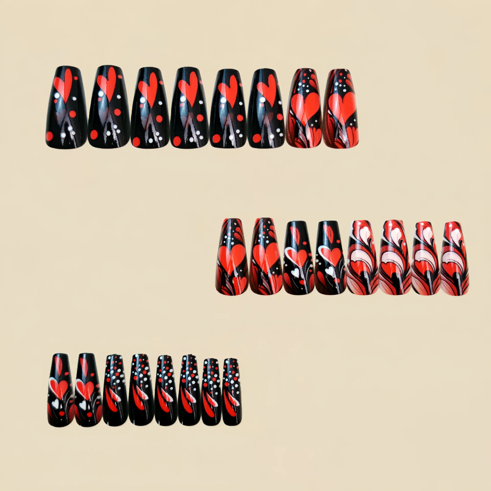 24pcs Valentine’s Day Press On Nails Gradient Red Black Cute Heart Rose French