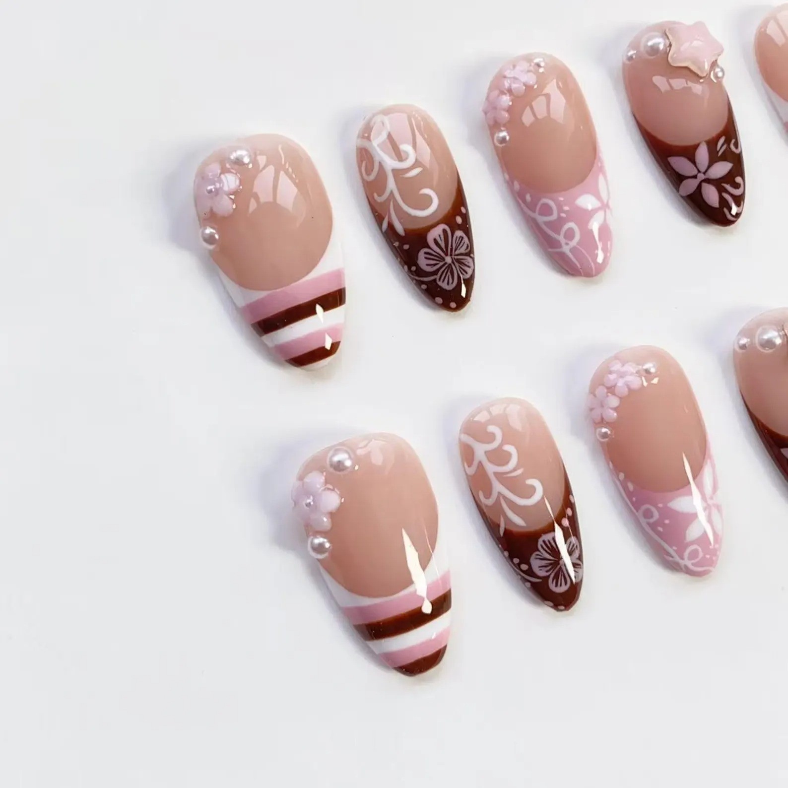 Handmade Kawaii Pink Brown French Y2K Flower Press On Nails All Shapes