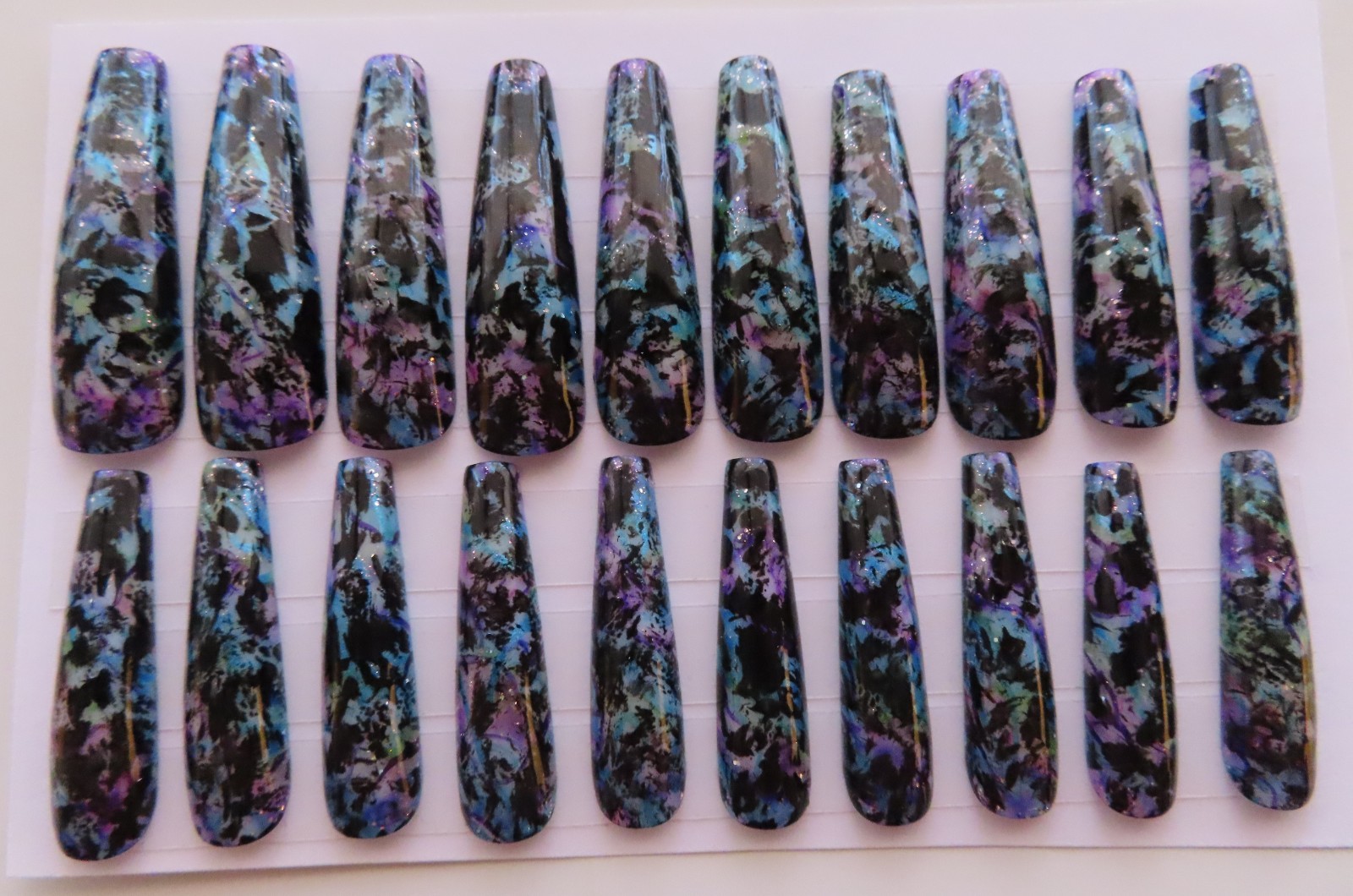 XL Purple Blue Green Black Ink Splatter Glitter Coffin Press On Nails