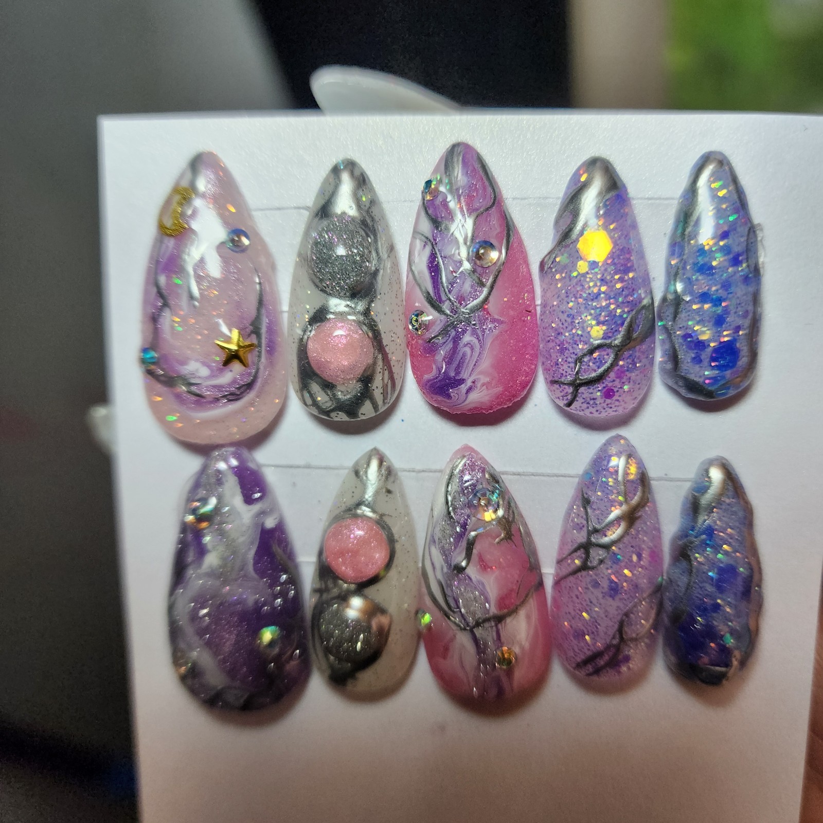 Handmade Medium Size Medium Length Stiletto Acrylic Press-ons W/Chrome Celestial