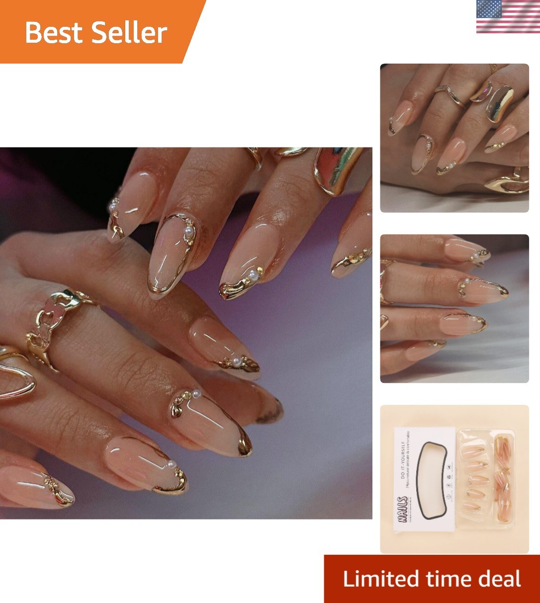 Luxurious French Tip Press On Nails with Gold Lines – Pack of 24 for Women