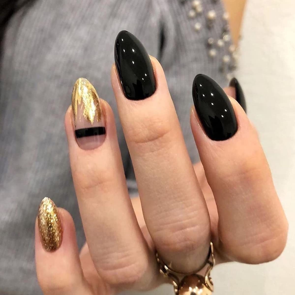 4 Packs (96 Pcs) Press on Nails Medium Gold & Black Almond Design, Matte Fake…