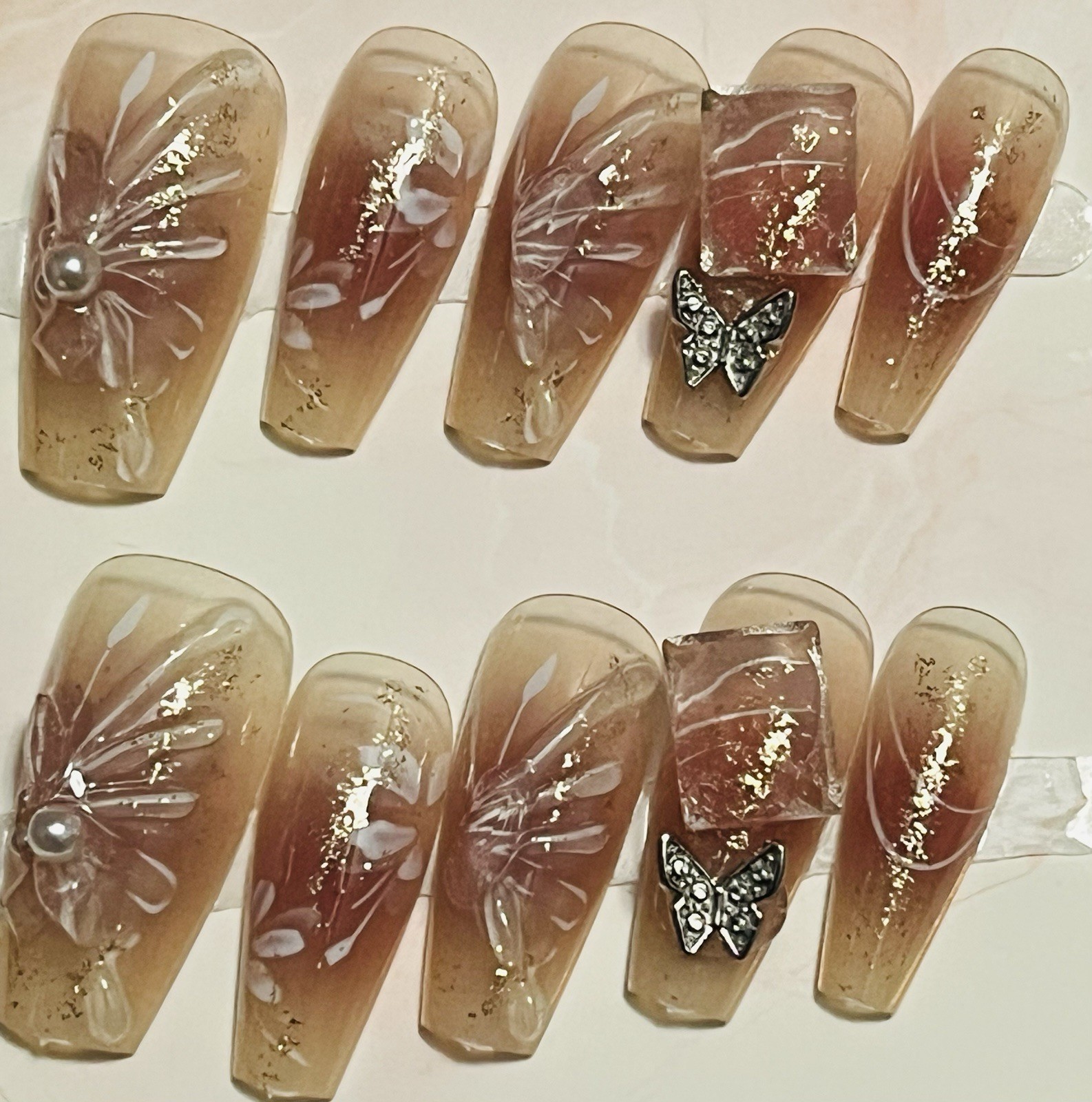 10 PCs Handmade Press On Nails Butterfly Ice Cube 3D Pearl Medium-Long Coffin