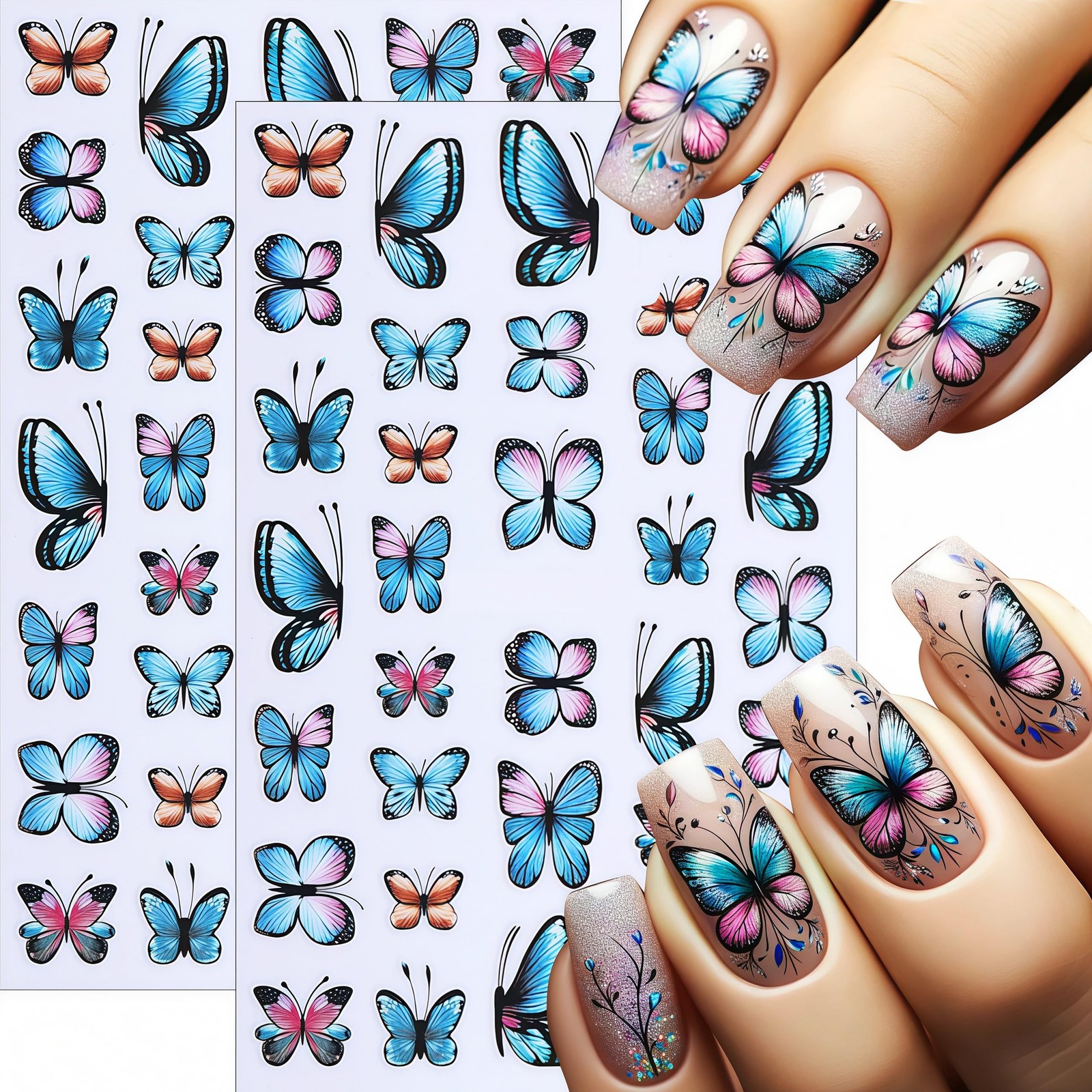 Blue Butterfly Nail Art Stickers Self-Adhesive About 3.7 in X 2.6 in, Color