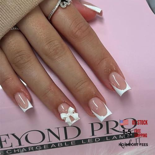 24Pcs Color Press On Nails – Short Square, White French Tip, Full Nude Pink