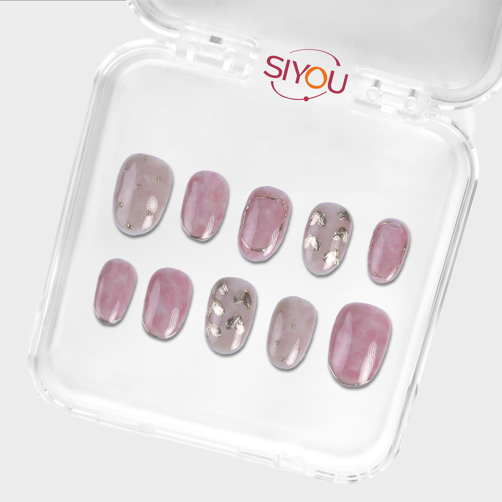 SIYOU Rose Quartz Short Oval Pink 3D Shimmer Press-On Nails 10pc