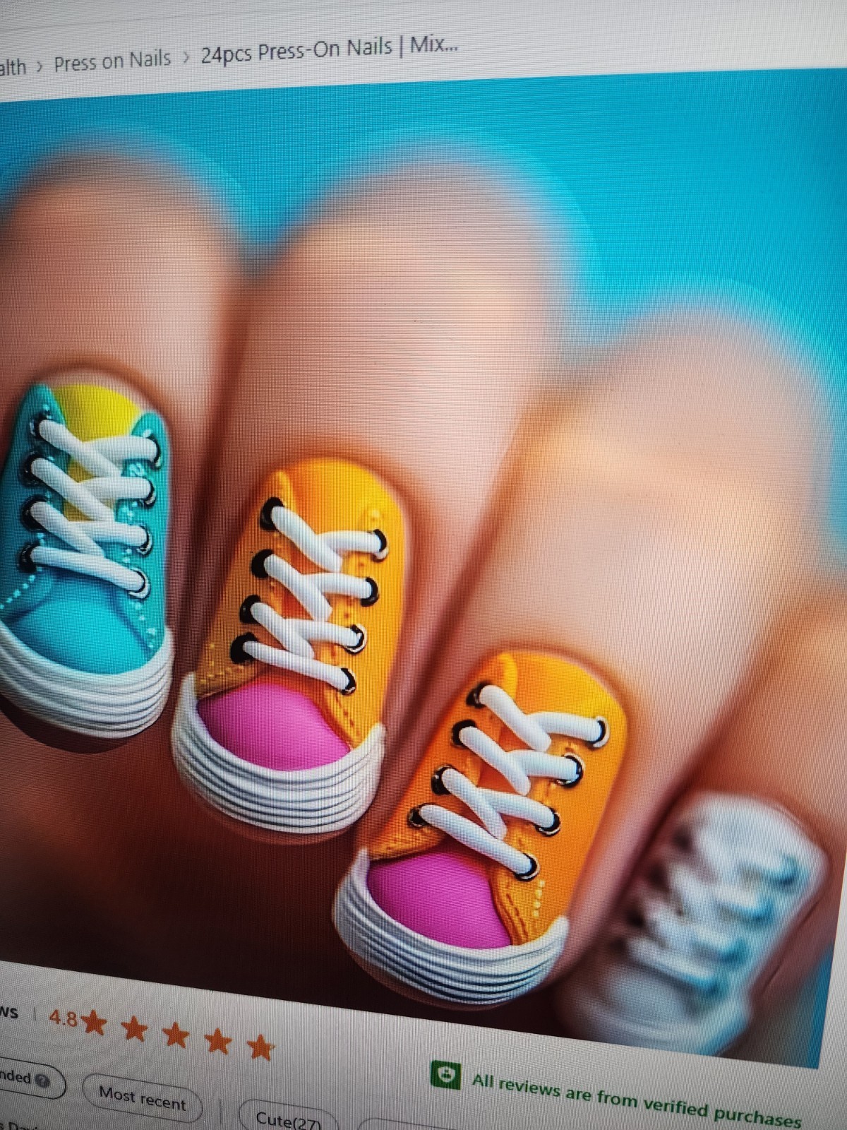 24 Pcs Press On Nails/blue Orange White And Pink Striped Design Ballet Shape