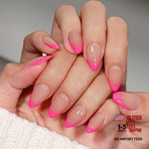 Almond Hot Pink Tip Press On Nails – 30 Pcs – Short Almond Hot Pink