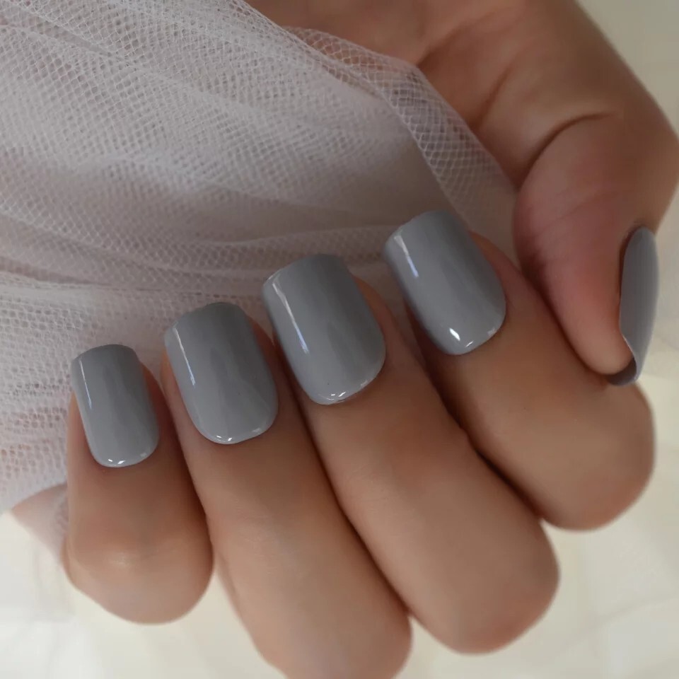 24 Gray Short Press On Nails Glue Kit grey glossy gel light pale shiny nice diy