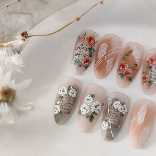 5D Red Rose Nail Art Stickers, Flowers Nails Decals, White Rose Nail Stickers (8