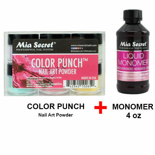 New Mia Secret Monomer 4 Ounce + COLOR PUNCH Nail Art Powder 6 Colors Set