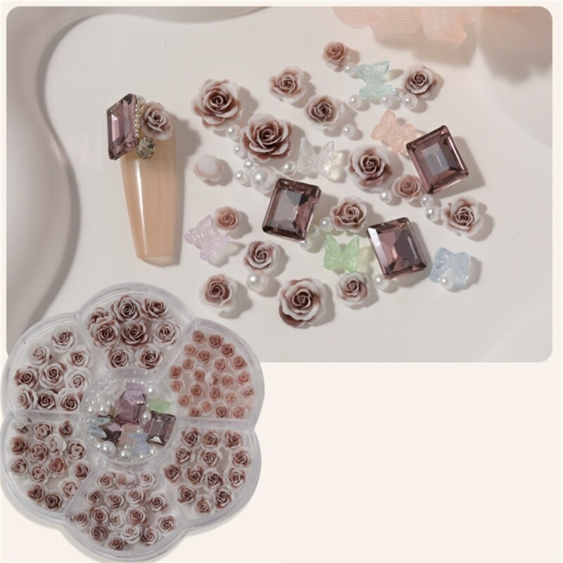 Crystal Rhinestones Pearls Beads 3D Flowers Nails Art Gift
