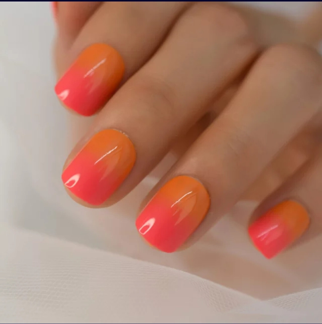 24 Short press on nails kit w glue orange sunset ombre neon bright