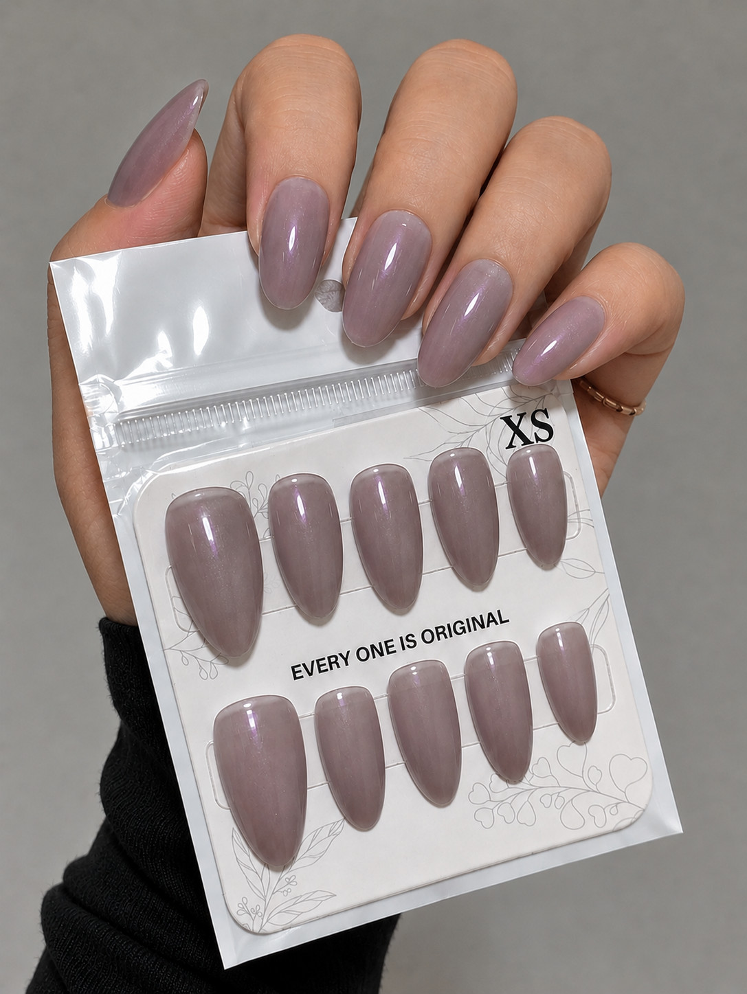 Elegant Dusty Mauve Grey Pearl Glossy Almond Press-On Nails – Extra Small