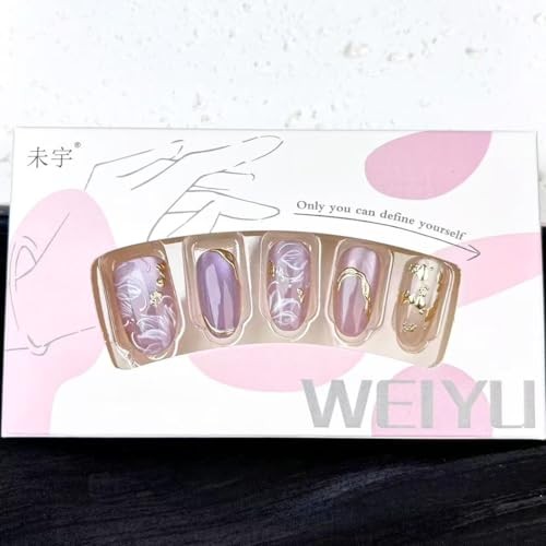 30Pcs Purple Glitter Press on Nails Medium Almond Fake Purple Glitter Flower-11