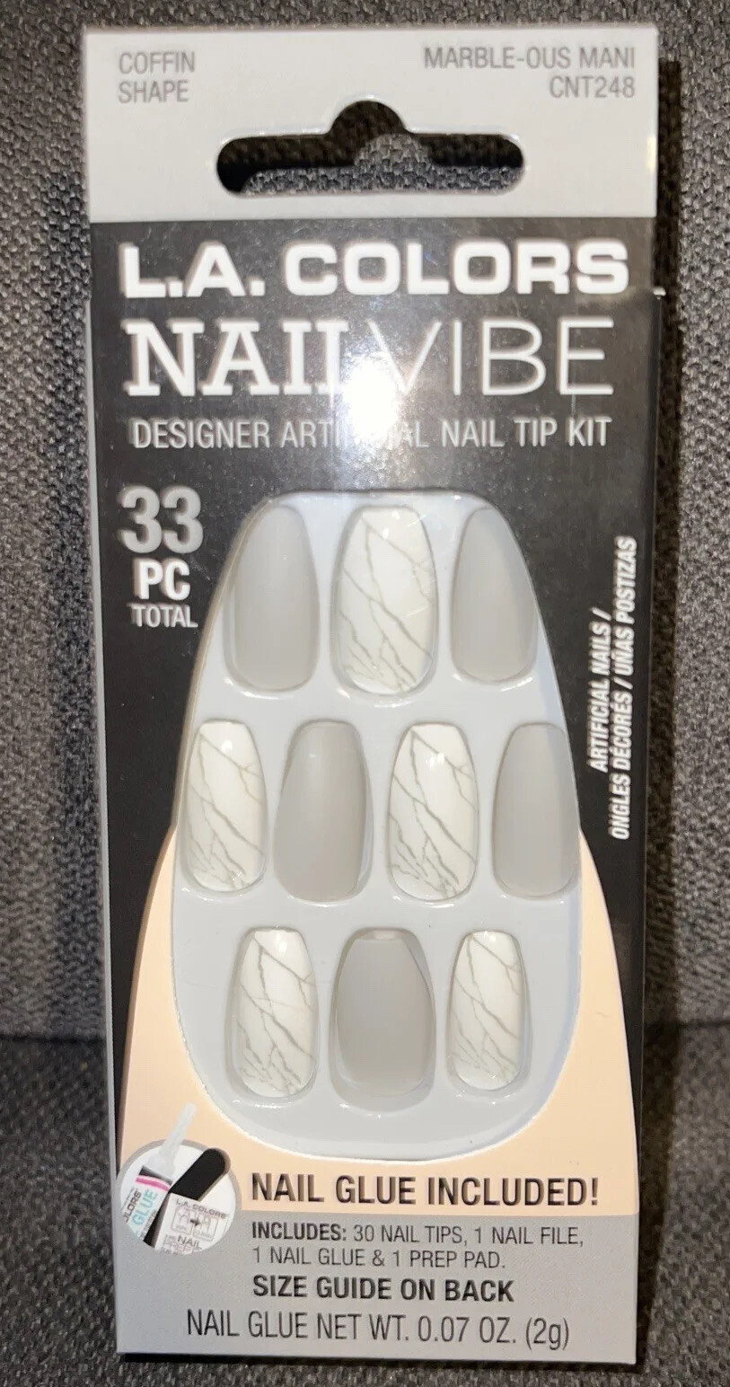 L.A. COLORS Nail Frill Artificial Nail Tips, Marble-ous Mani, 33 Pieces