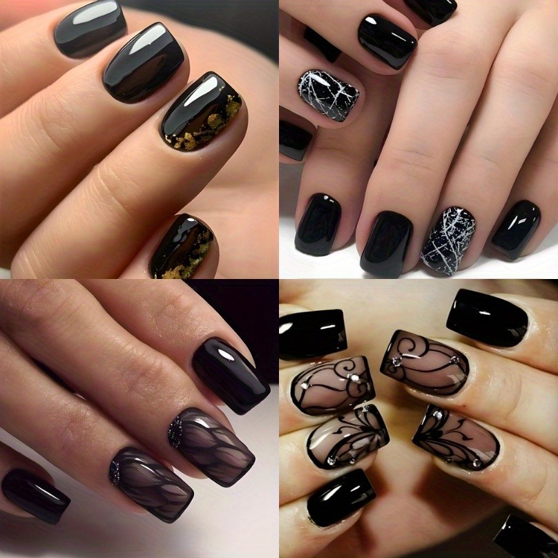 96pcs Sleek Black Press On Nails Crackle Elegant Long Fake Nails for Cool Style