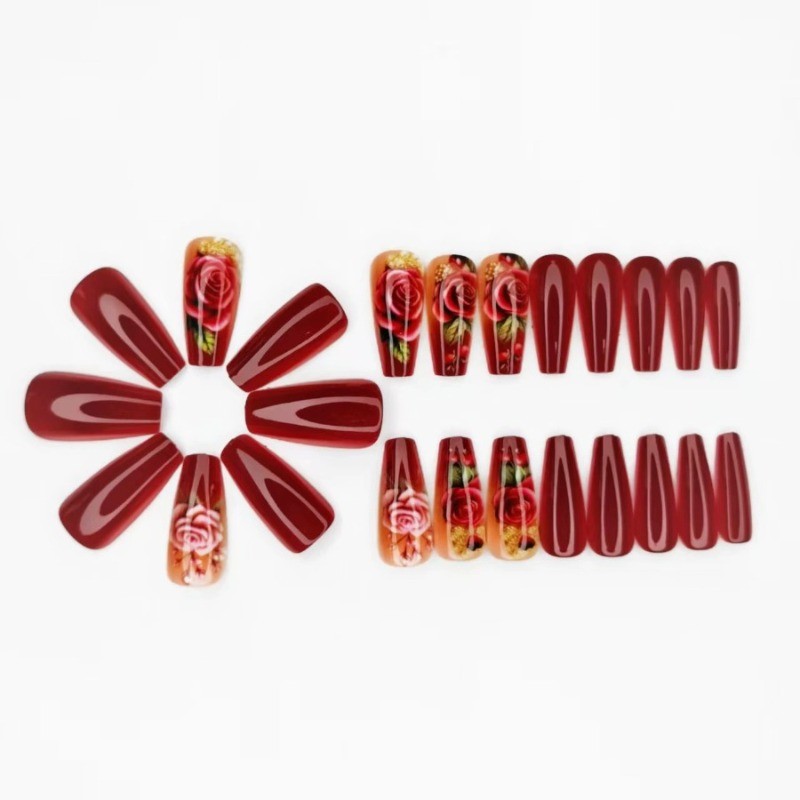 48 Elegant Red Rose Ballet Style Nails with Complex Floral Patterns for Nail Art