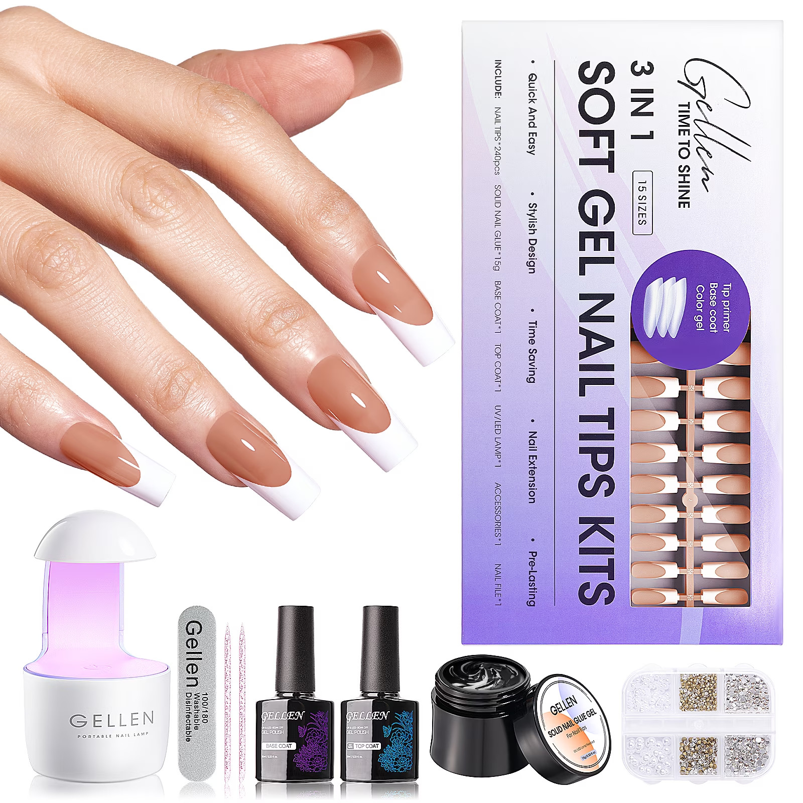 French Tips Gel Nail Kit – 240 Pcs Brown Long Square, Salon Acrylic Fake Nail Ki
