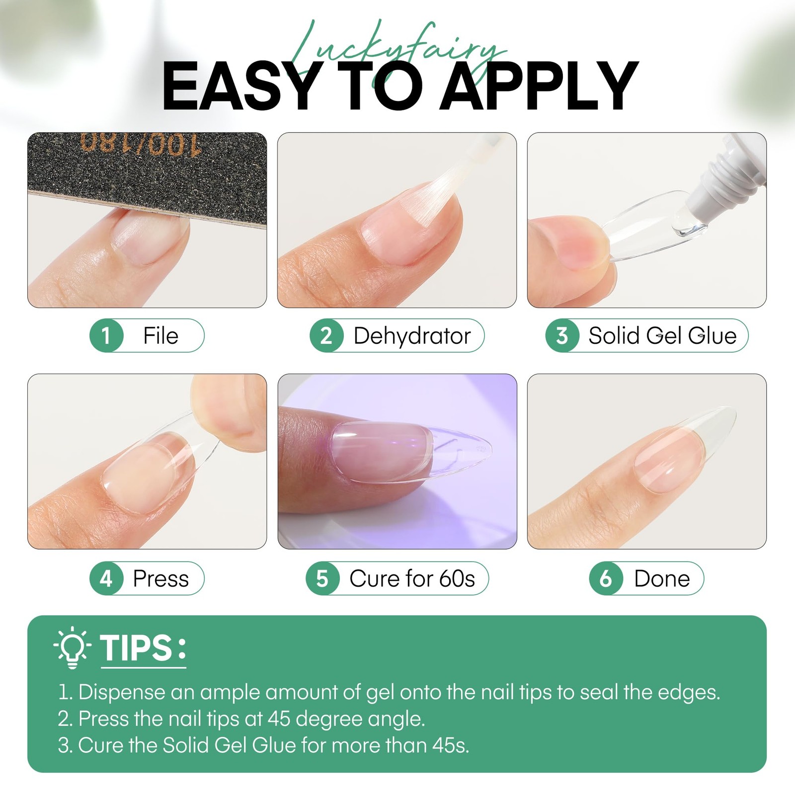 Luckyfairy Nail Glue Gel for Tips, Super Strong Solid U V Clear