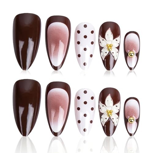 Luxury Brown Cream Press On Nails Medium Almond, Polka Dot and Gold Beads Fake