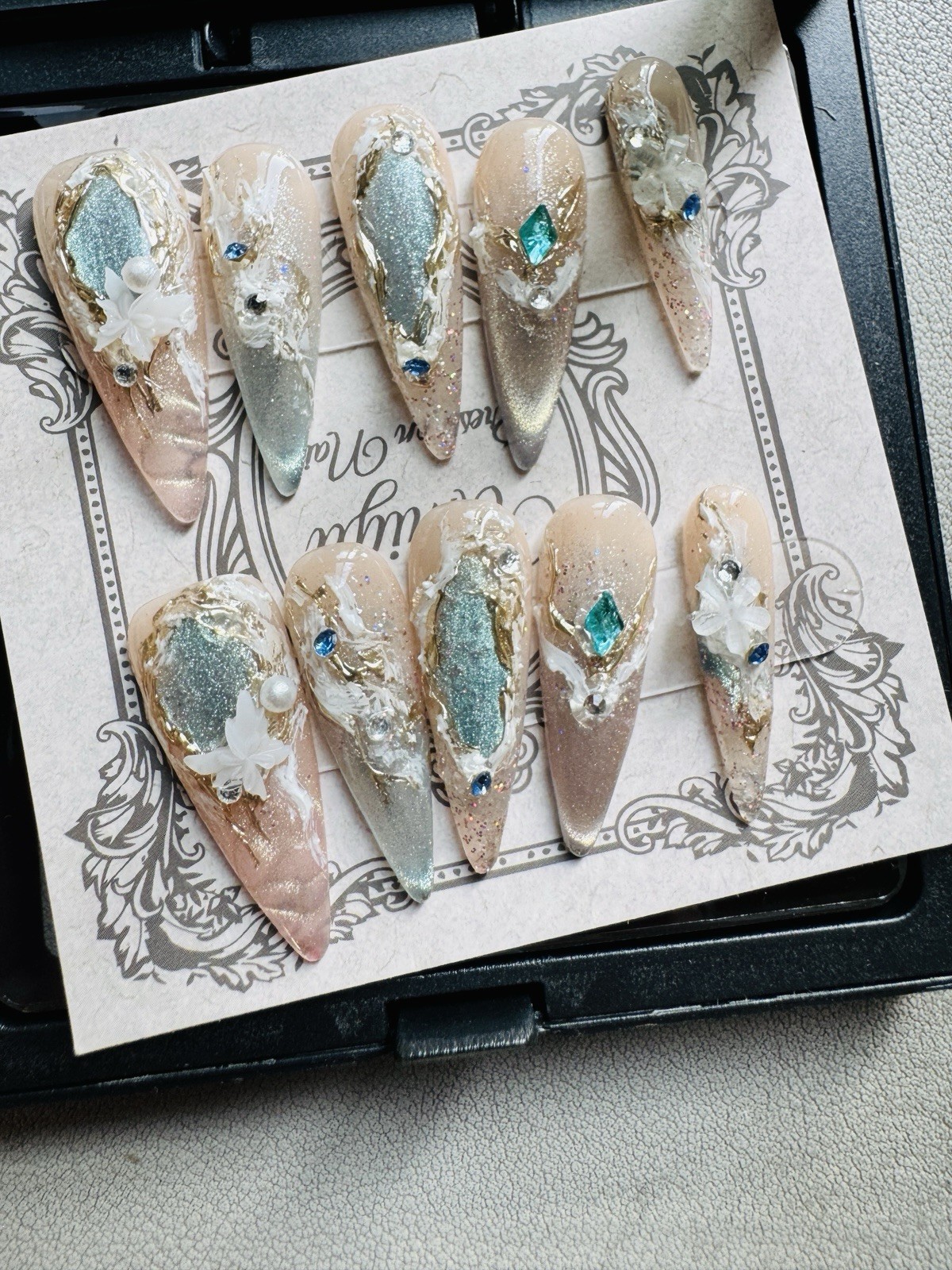 Press-On Nails Long Stiletto Nude/Gold/Silver Flowers 3D Glitter Full Cover