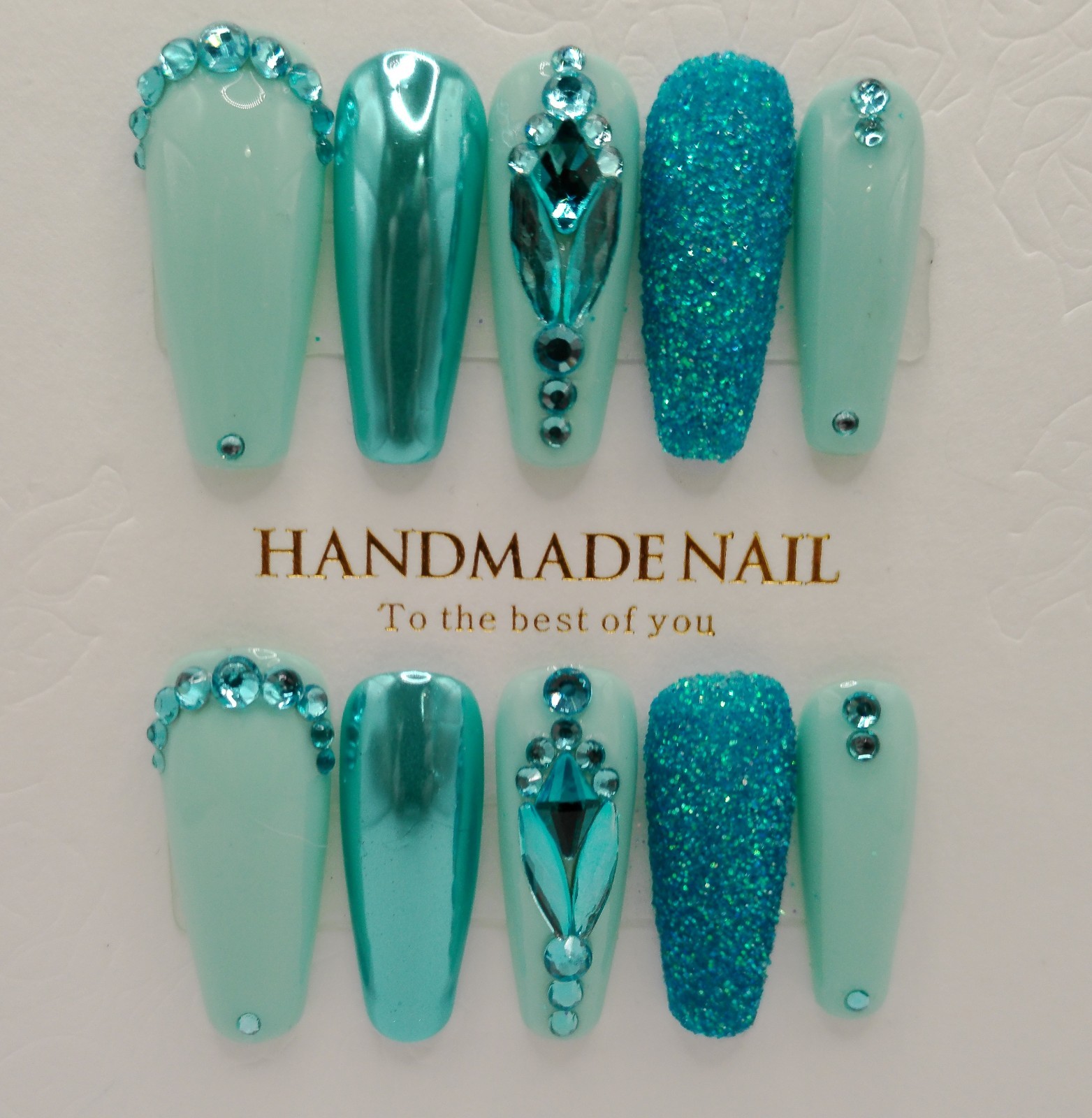 Long Ballerina Aqua-Teal Multi Effect Press-on Nails – Large