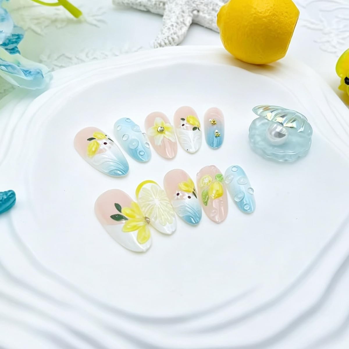 BUNLVDI Lemon Flower Nails Medium Almond 30Pcs