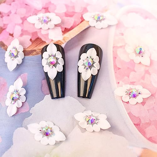 10 Pcs White Simulation Flowers Nail Charms 3D Carve Flowers Charms for Nails