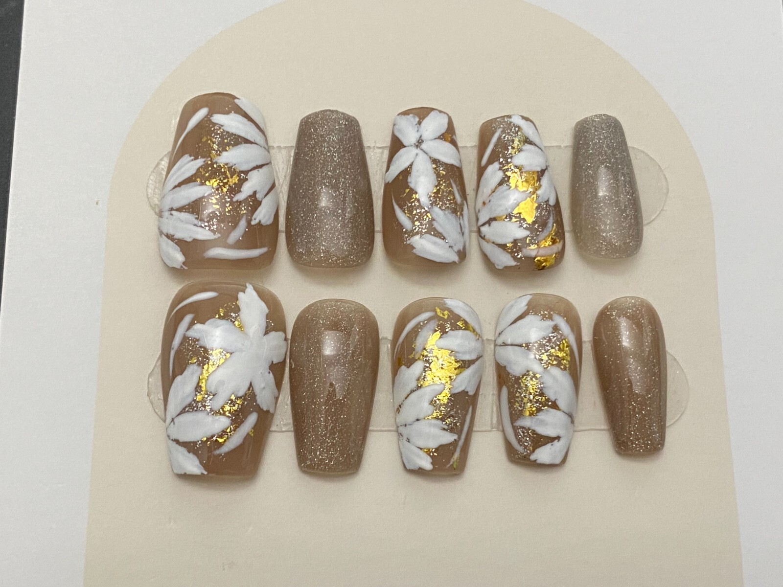 custom Nails Handmade press on nails-10 pcs-Medium-flower with gold shimmer