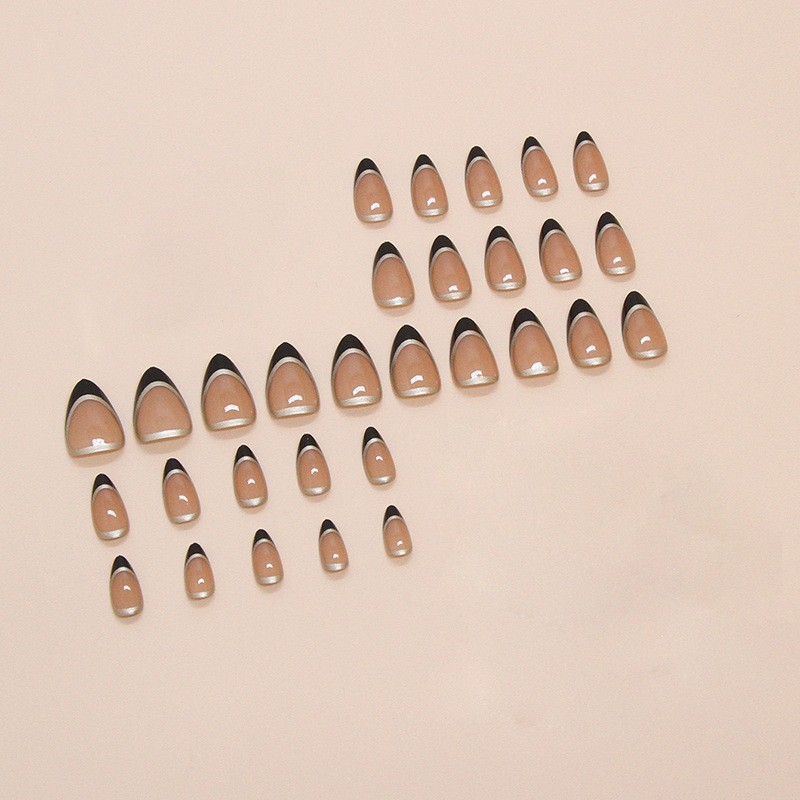 24pcs Black French V Tip Press On Nails – Nude Glossy Base with Gold Outline