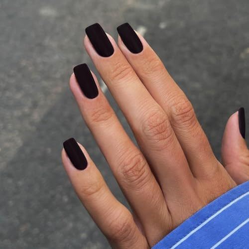 Matte Black Press on Nails Short Medium Square Glue on Nails square mat black