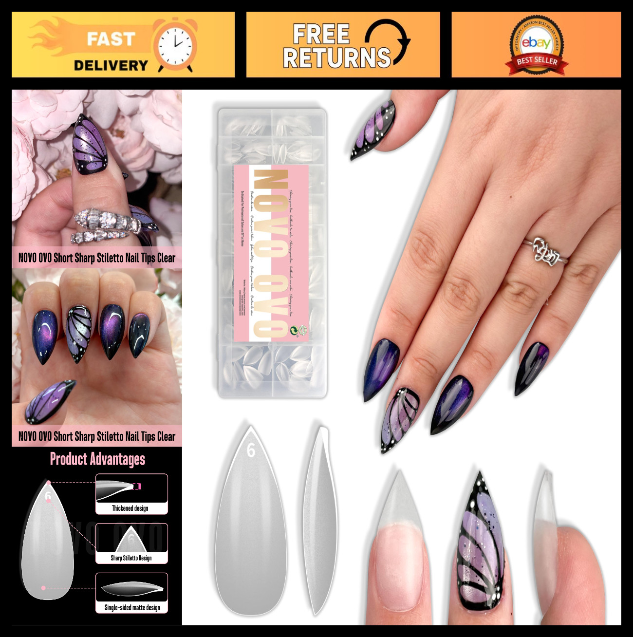 480 Pcs Extra Thick Stiletto Nail Tips – 16 Sizes Clear Acrylic Press-On Nails f