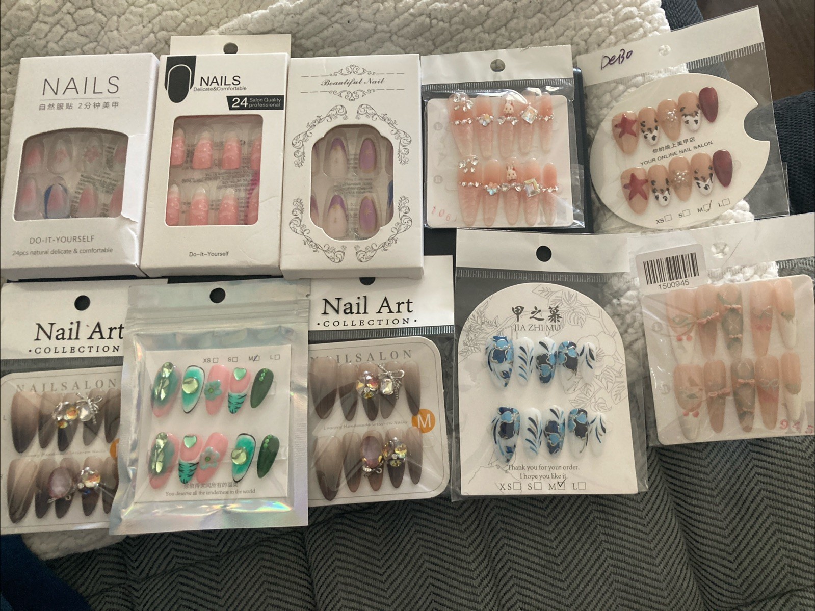 Lot of 10 Packs Glue On Nails Size M Rhinestone 3D Bling False Nail Art Long New