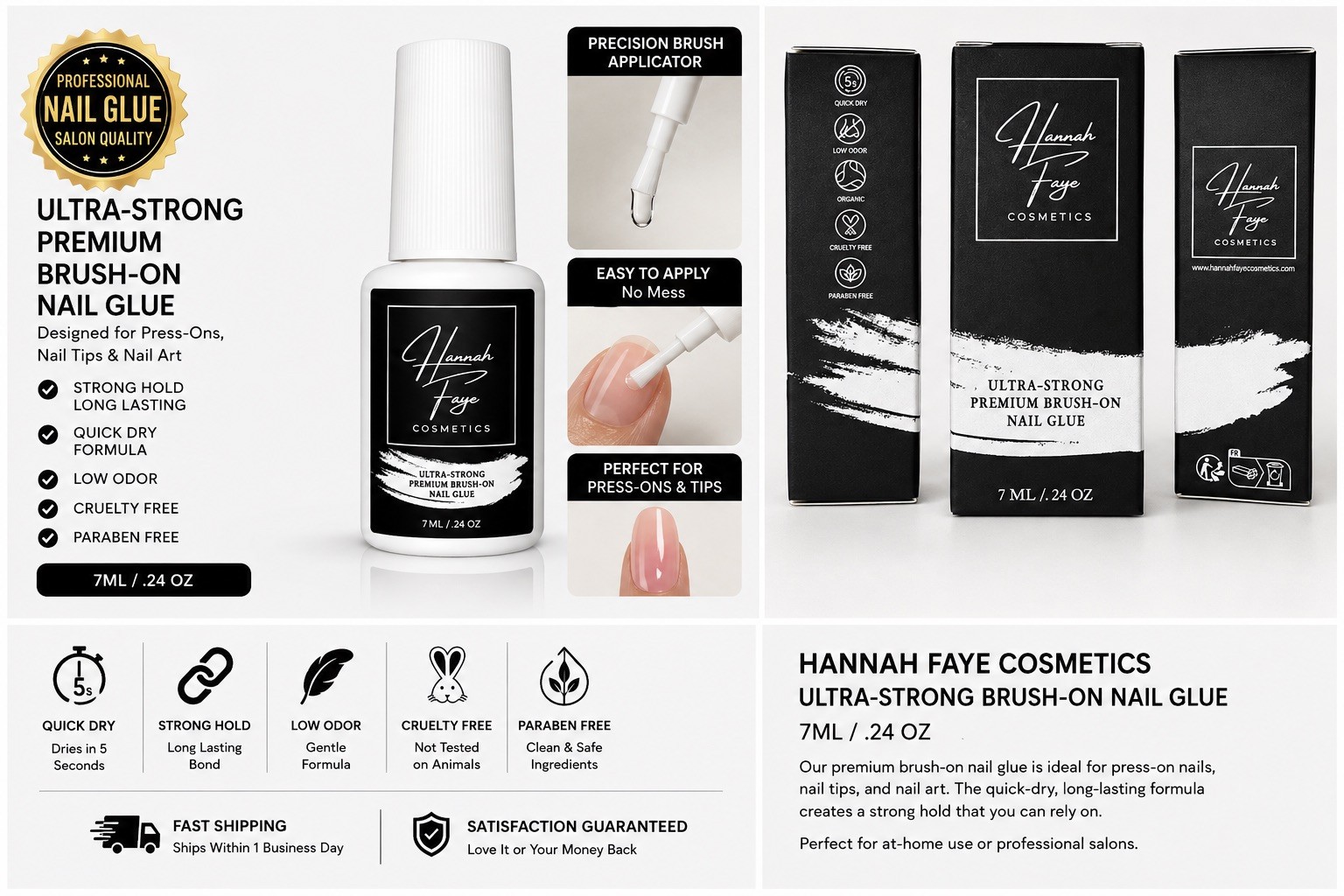 (3 Pack) Hannah Faye Cosmetics Ultra-Strong Brush-On Nail Glue 7 mL for Tips