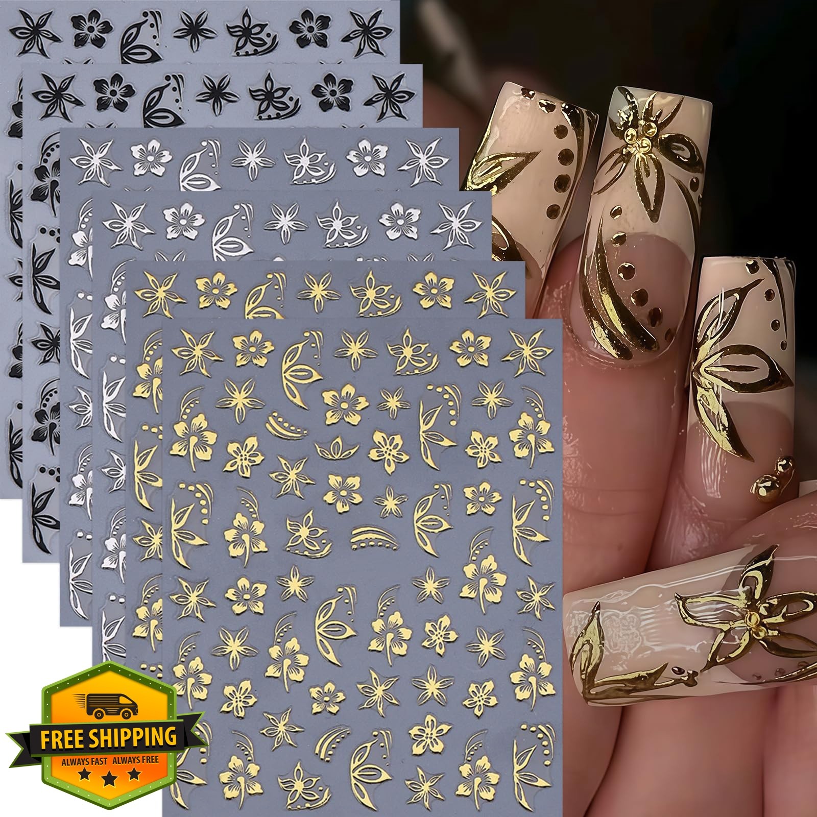 6 Sheets Flower Nail Stickers Hibiscus Nail Decals Gold Silver Black Hibiscus…