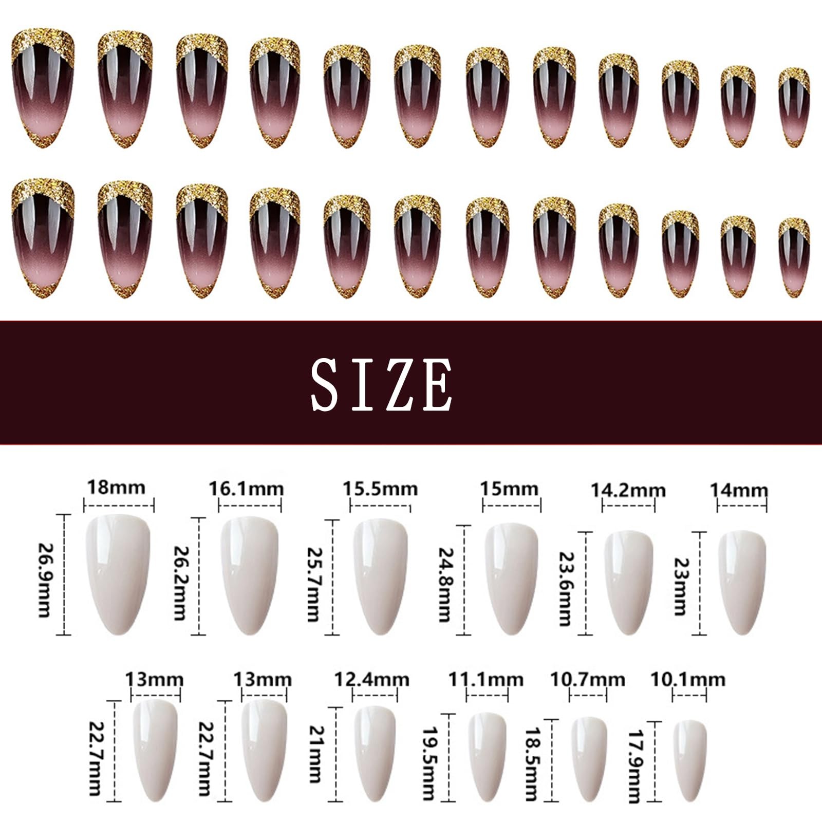 Glitter French fingertip press-on nails medium almond false nails with gold g…