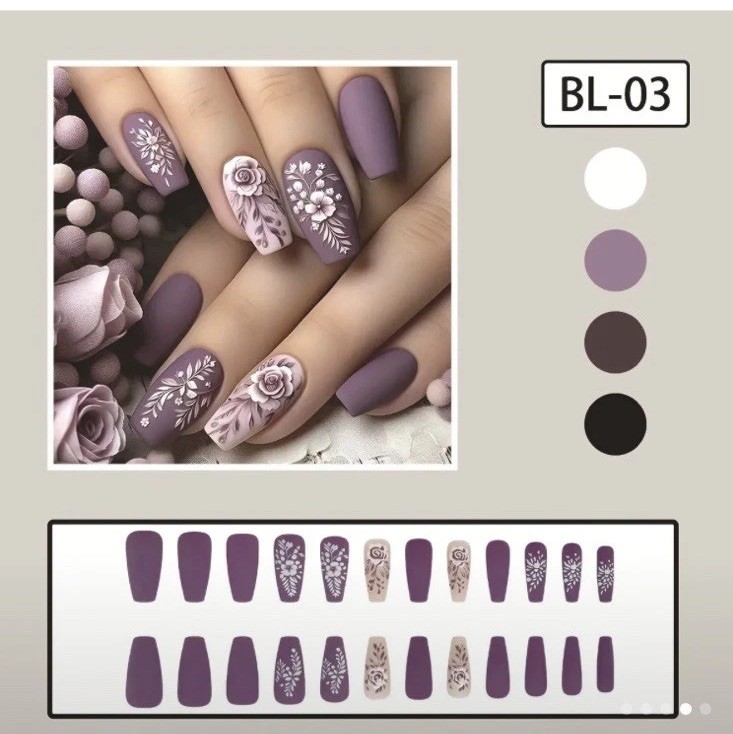 24pcs Purple Grey Floral Femme Coffin Nail Tips Finished Boxed Nails Glue & Tabs