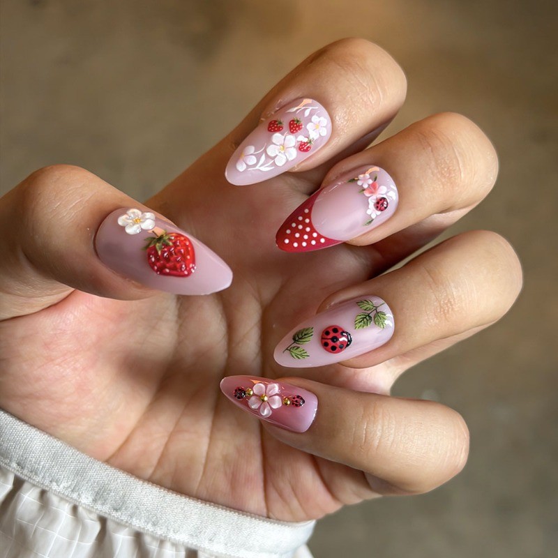 48Pcs-Long Almond Nude Hand Painted Strawberry Ladybug Flower Press on Nails