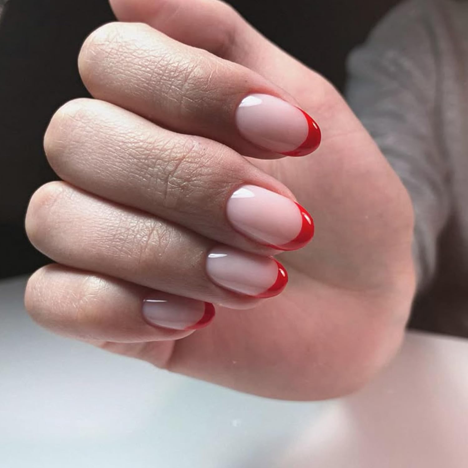Glossy Red French Tip Fake Nails – 32 Pcs Long-Lasting Nail Kit for Women
