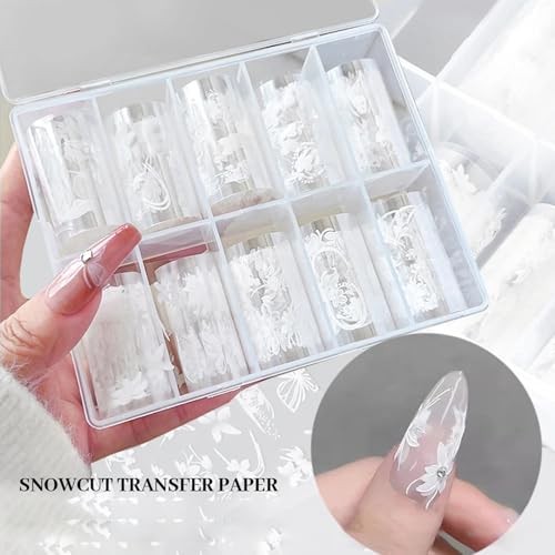 10Roll/Grid White Flowers Nail Foil Transfer Stickers 3D Holographic Nail Art