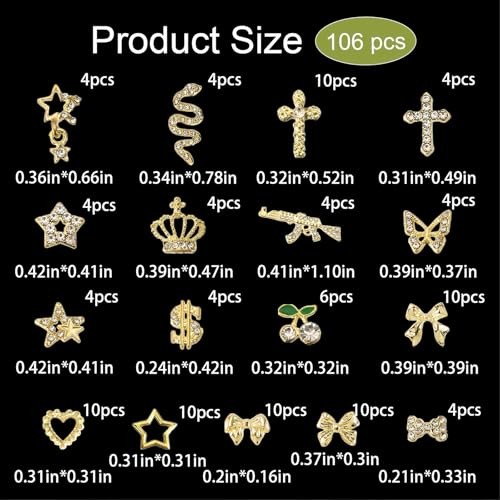 KINGNAME 106Pcs 3D Gold Nail Charms, Luxury Bling Snake Bow Butterfly snake
