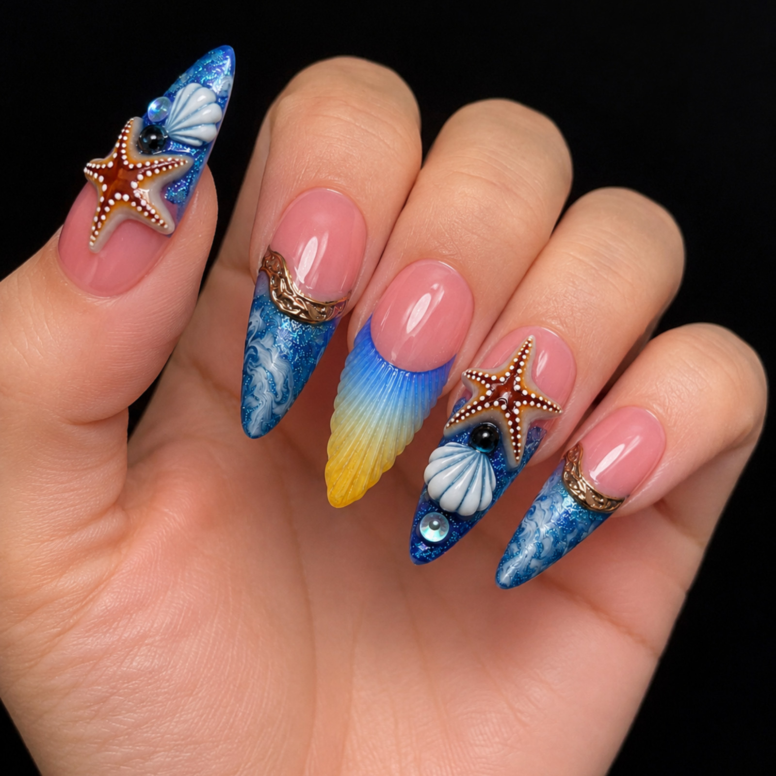 Handmade Beach Ocean Press-On Nails 3D Starfish Seashell Pink Blue Set